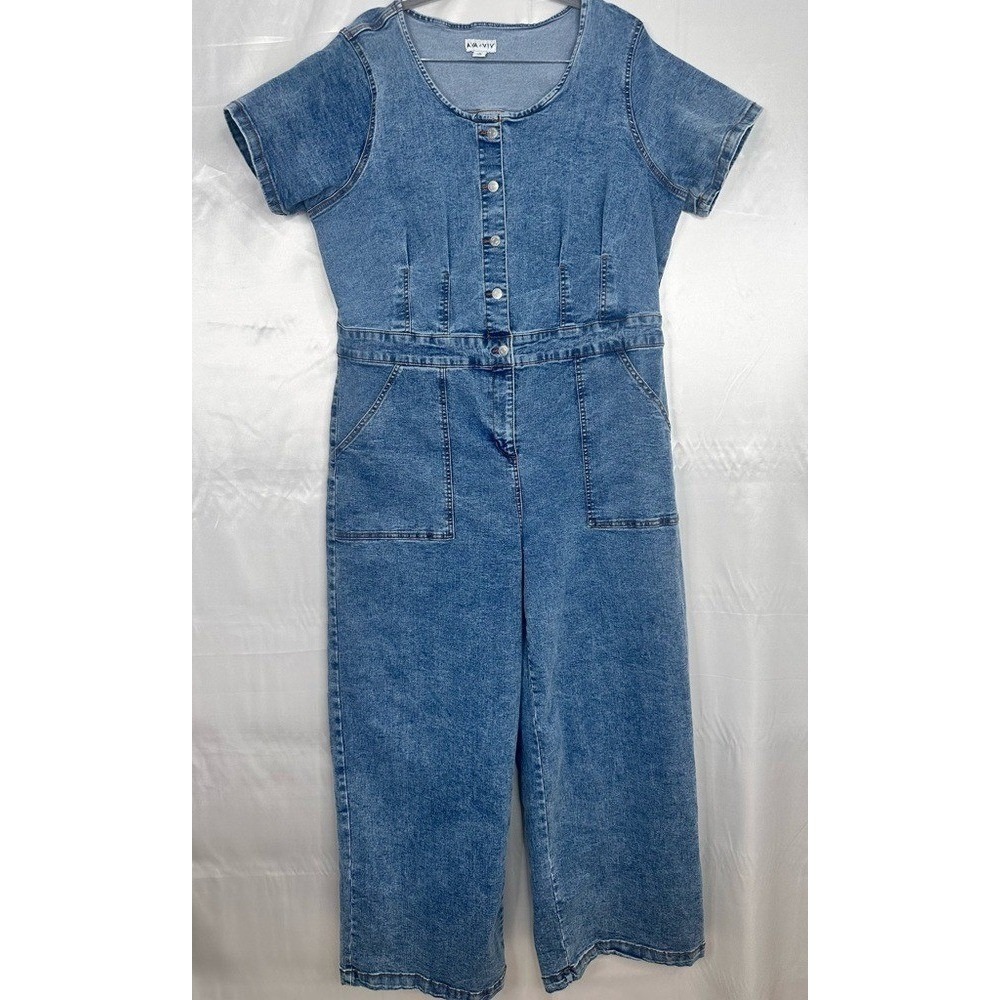 Ava & Viv Denim Jumpsuit Medium Wash Blue Short Sleeve Wide Leg Size 17
